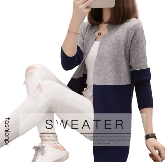 Blue Contrast Long Sleeve Fashion Cardigan Sweater