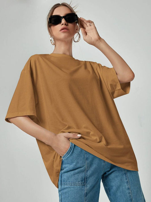 DROP SHOULDER T-SHIRT - CAMEL BROWN Women T-Shirts Bloomstyle