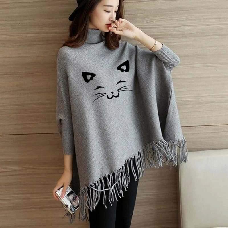 CAT PRINTED PONCHO - GREY PRINTED PONCHO Bloomstyle