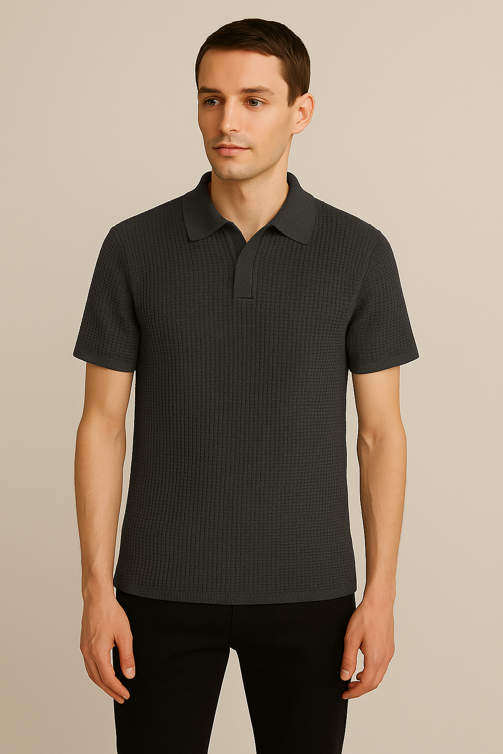 WAFFLE KNITTED POLO - CHARCOAL MEN Bloomstyle