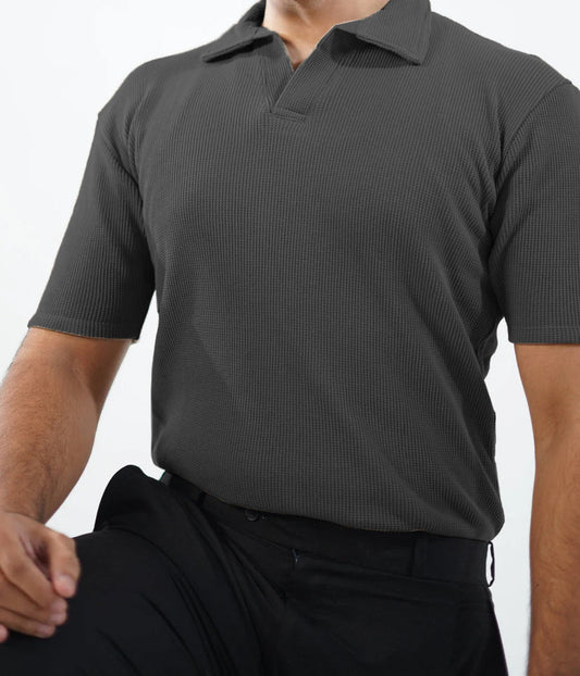 WAFFLE KNITTED POLO - CHARCOAL MEN Bloomstyle