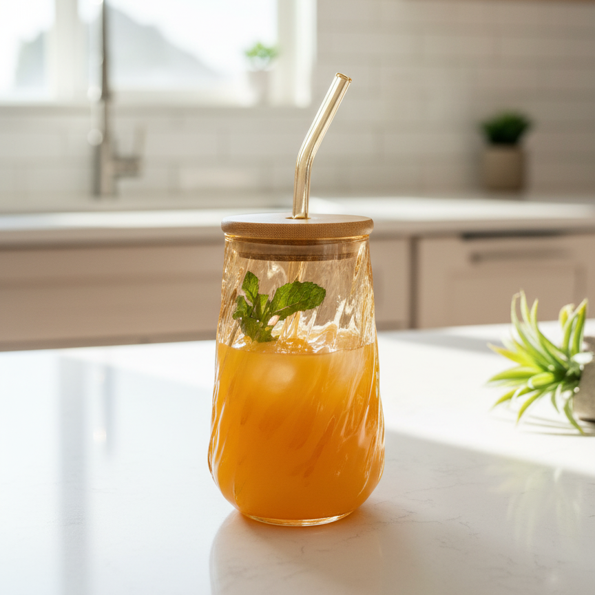 Swirl Textured Glass Tumbler with Airtight Lid & Straw