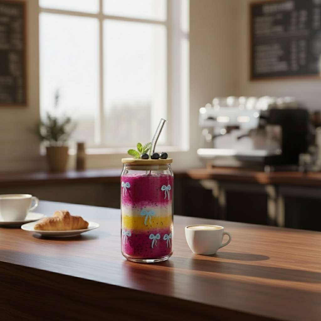 Printed Bow Glass Tumbler with Straw