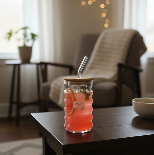 Wavy Glass Cup with Bamboo Lid & Straw