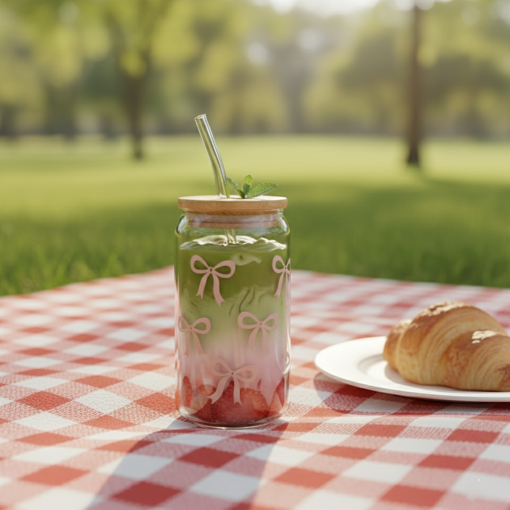 Printed Bow Glass Tumbler with Straw