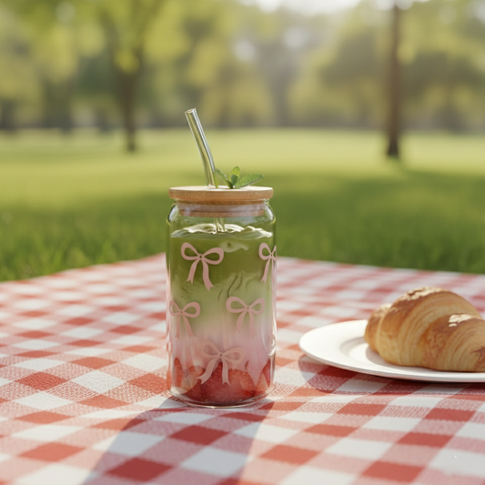 Printed Bow Glass Tumbler with Straw