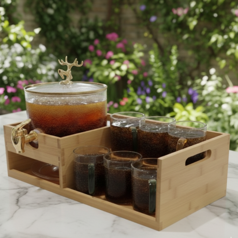 Echou GoldenDeer Glass Dispenser Set with Wooden Stand & 6 Glasses