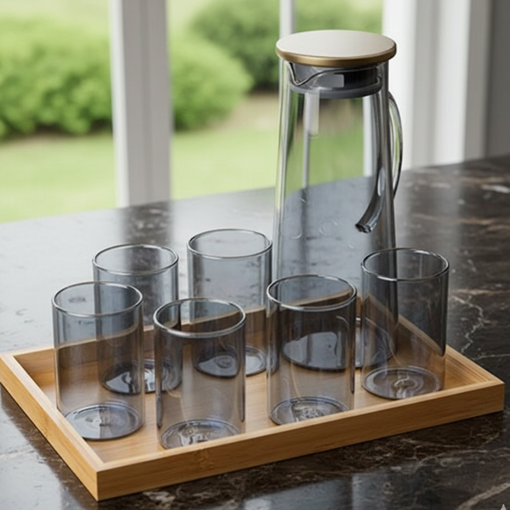 Echou 8-Pieces Pitcher & Glass Set with Bamboo Tray