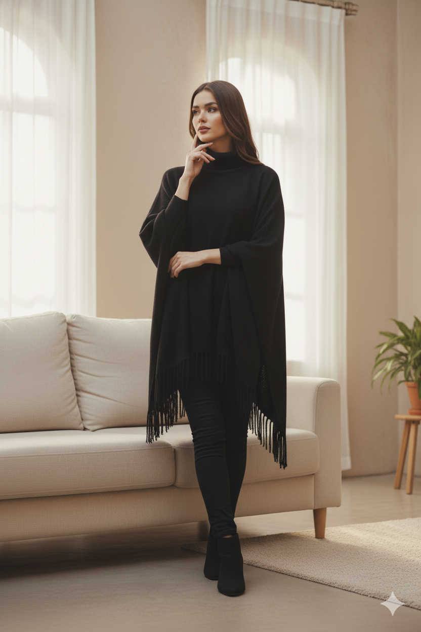 PLAIN PONCHO - BLACK PLAIN PONCHO Bloomstyle
