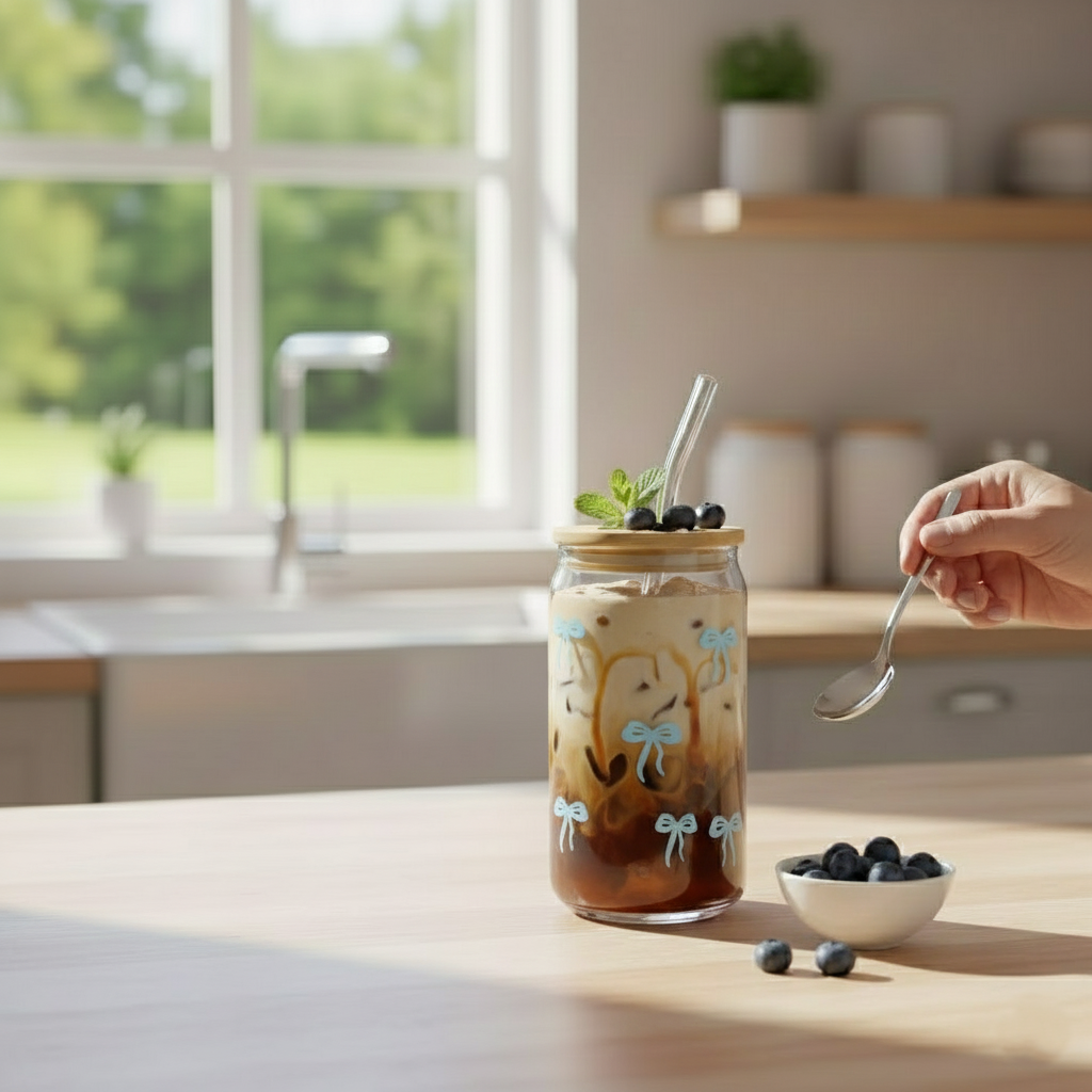 Printed Bow Glass Tumbler with Straw