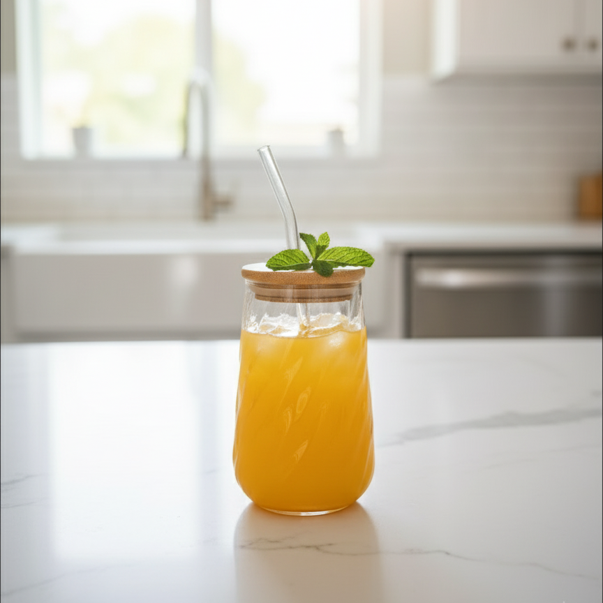 Swirl Textured Glass Tumbler with Airtight Lid & Straw