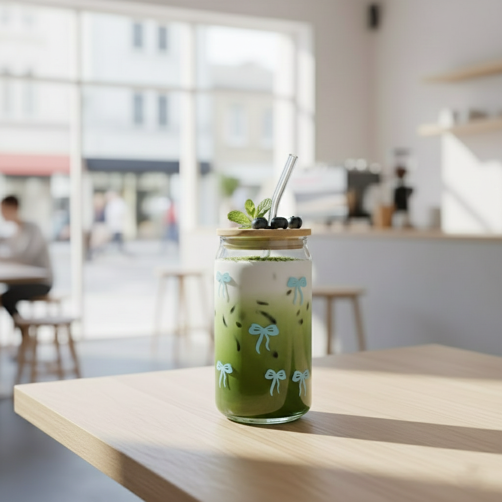 Printed Bow Glass Tumbler with Straw