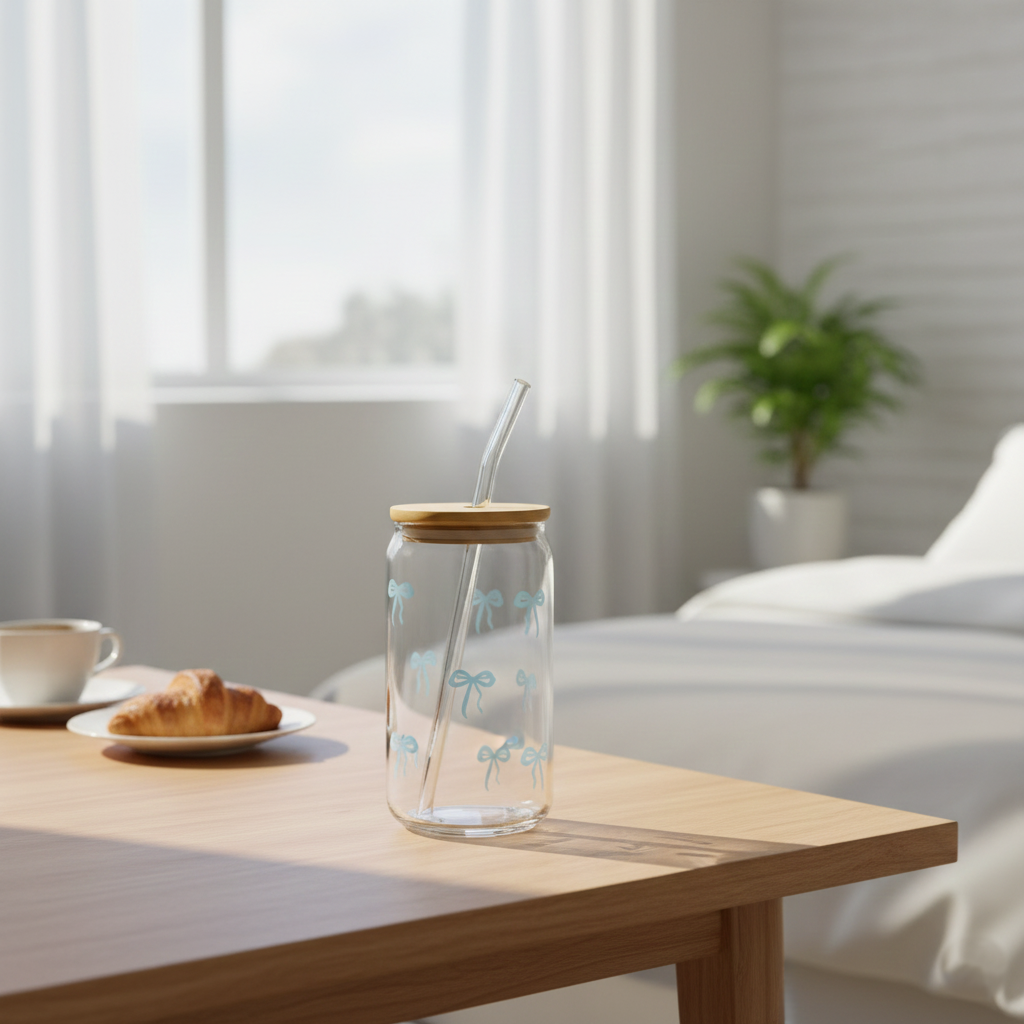 Printed Bow Glass Tumbler with Straw