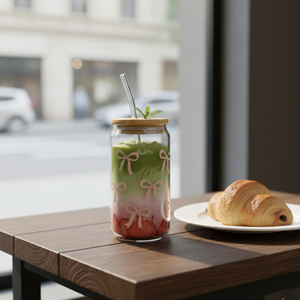 Printed Bow Glass Tumbler with Straw