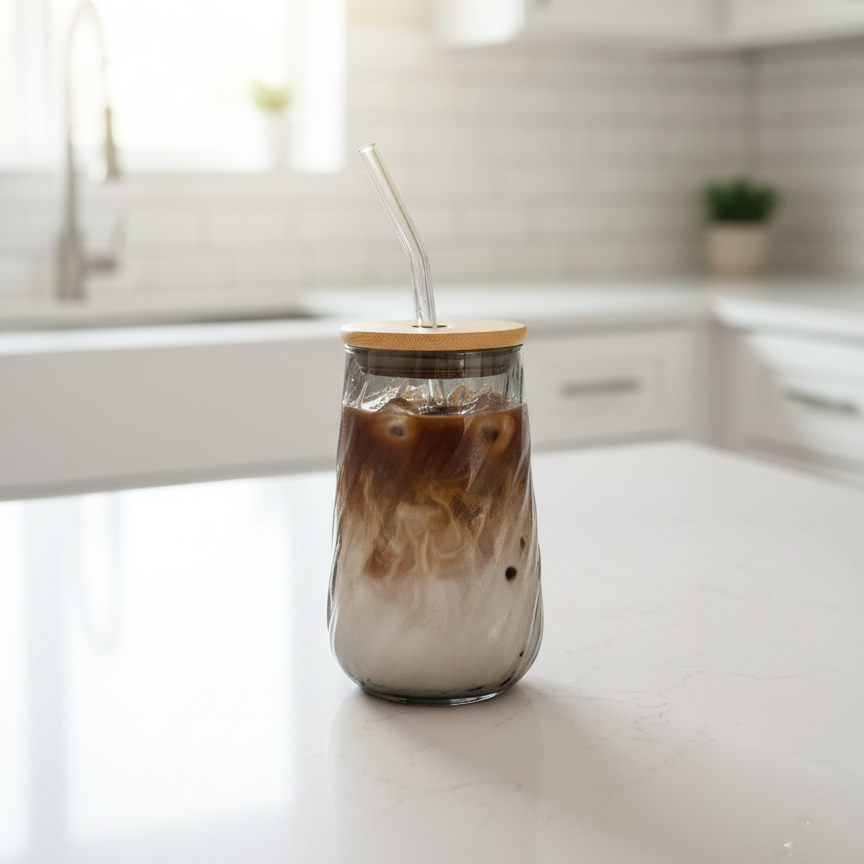 Swirl Textured Glass Tumbler with Airtight Lid & Straw
