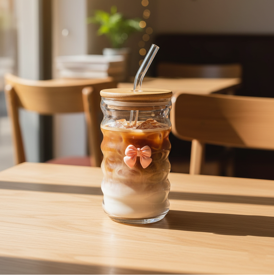 Wavy Glass Cup with Bamboo Lid & Straw