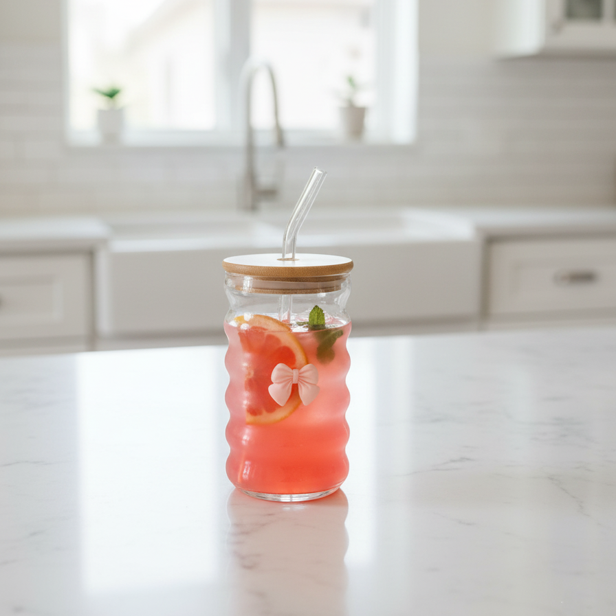 Wavy Glass Cup with Bamboo Lid & Straw