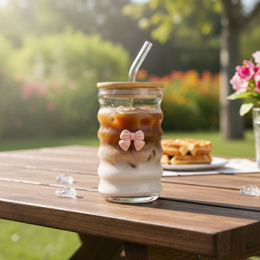 Wavy Glass Cup with Bamboo Lid & Straw