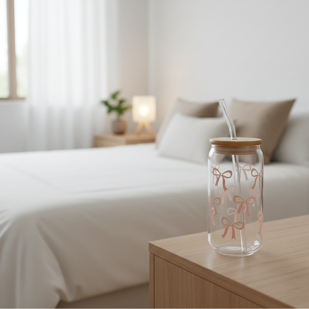 Printed Bow Glass Tumbler with Straw
