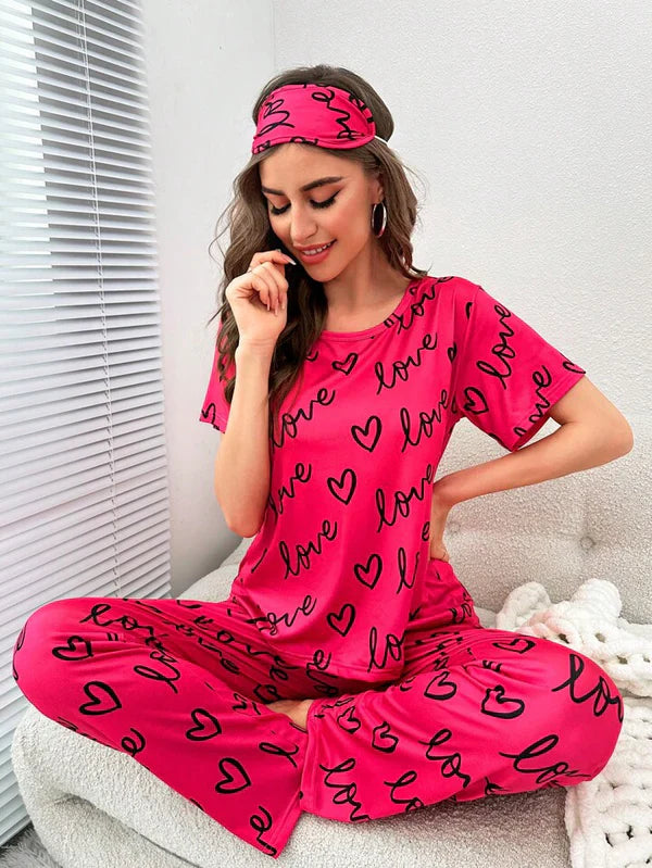 HN-HOT PINK LOVE HEART PRINTED NIGHT SUIT Soft Cotton Bloomstyle