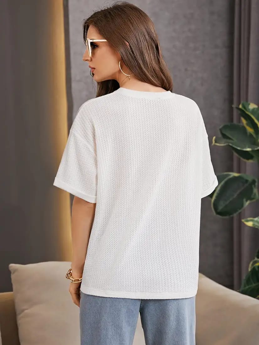 OVERSIZED WAFFLE KNITTED TEE - WHITE Women T-Shirts Bloomstyle