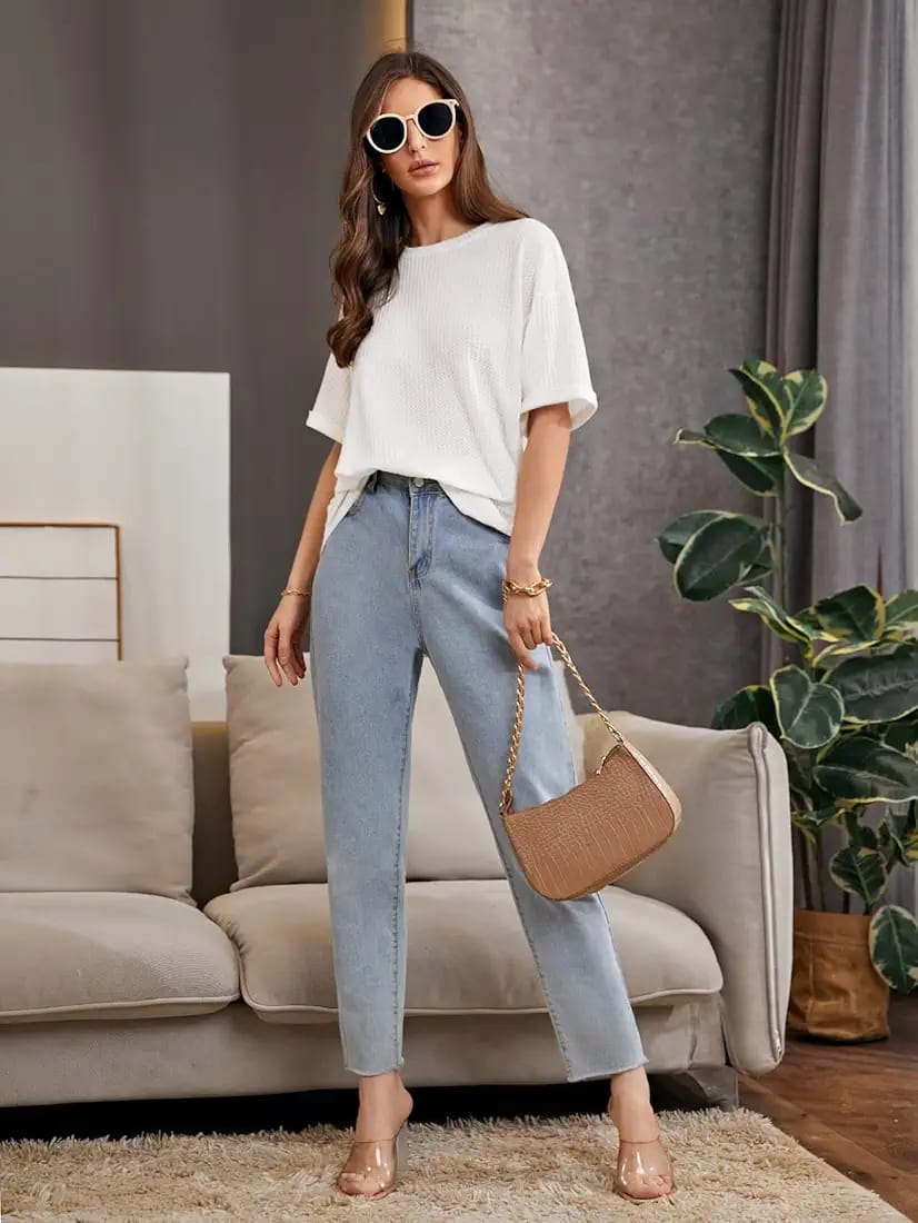 OVERSIZED WAFFLE KNITTED TEE - WHITE Women T-Shirts Bloomstyle