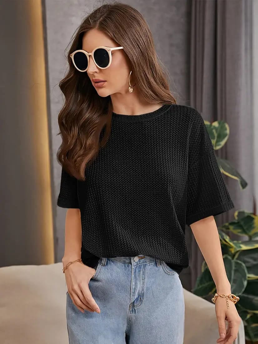OVERSIZED WAFFLE KNITTED TEE - BLACK Women T-Shirts Bloomstyle