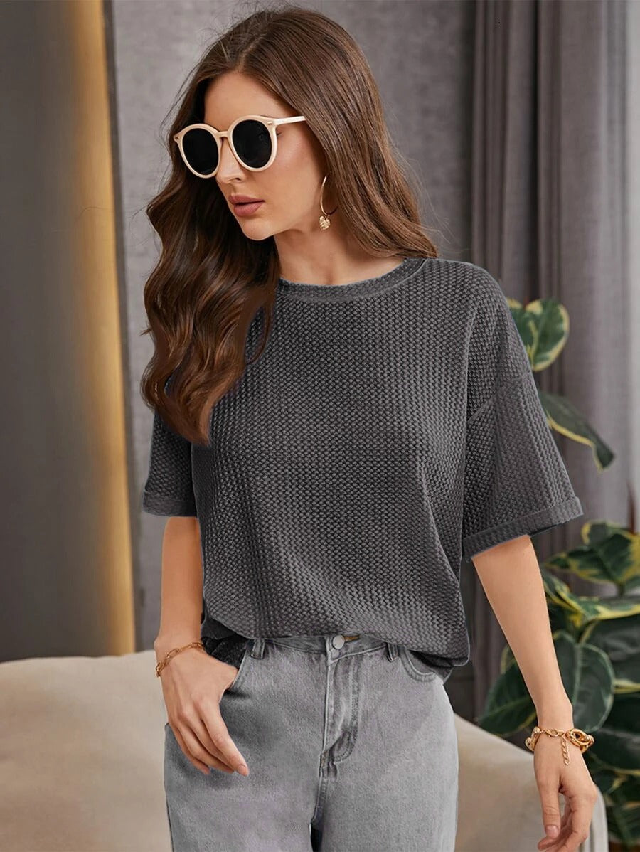 OVERSIZED WAFFLE KNITTED TEE - CHARCOAL Women T-Shirts Bloomstyle