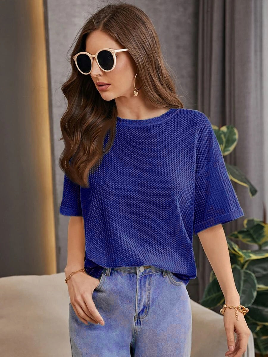 OVERSIZED WAFFLE KNITTED TEE - OXFORD BLUE Women T-Shirts Bloomstyle