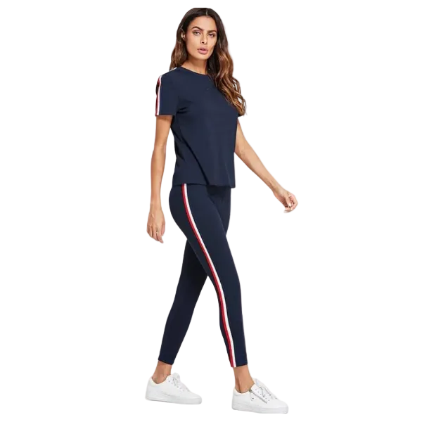 Navy Blue and White Striped Tracksuit Tape Tee & Leggings Pants Set for Women
