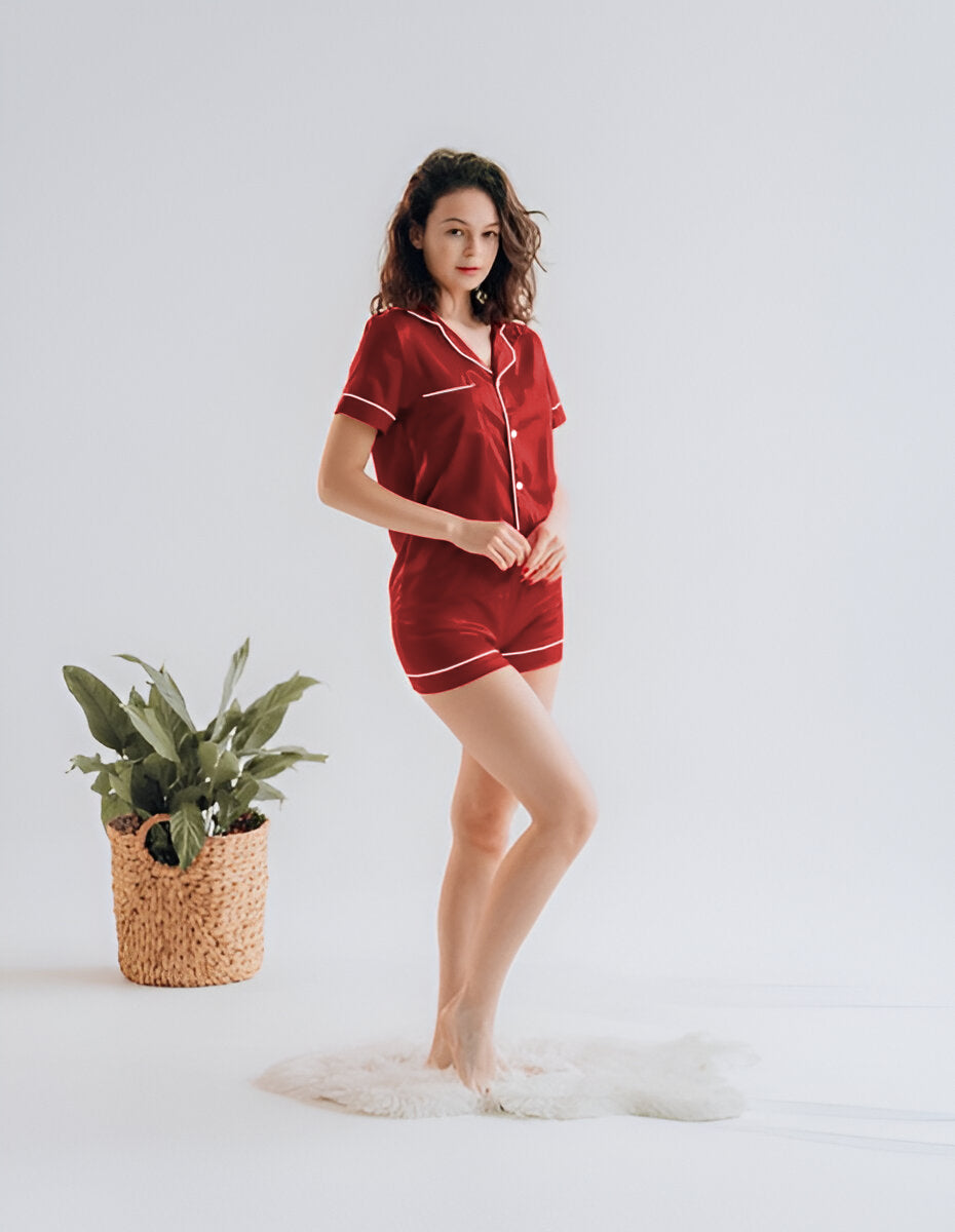 BUTTON DOWN SILK WITH SHORT - MAROON Silk Button Down with Short Bloomstyle