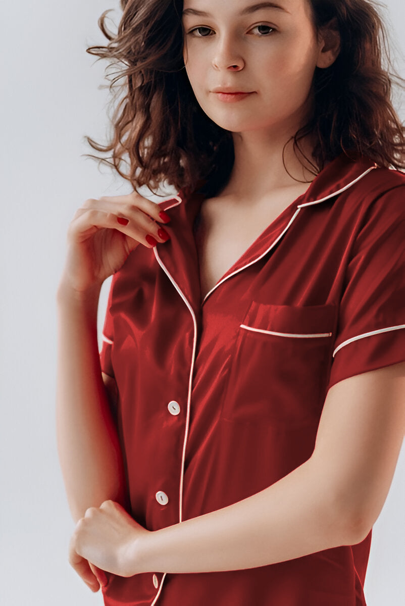 BUTTON DOWN SILK WITH SHORT - MAROON Silk Button Down with Short Bloomstyle