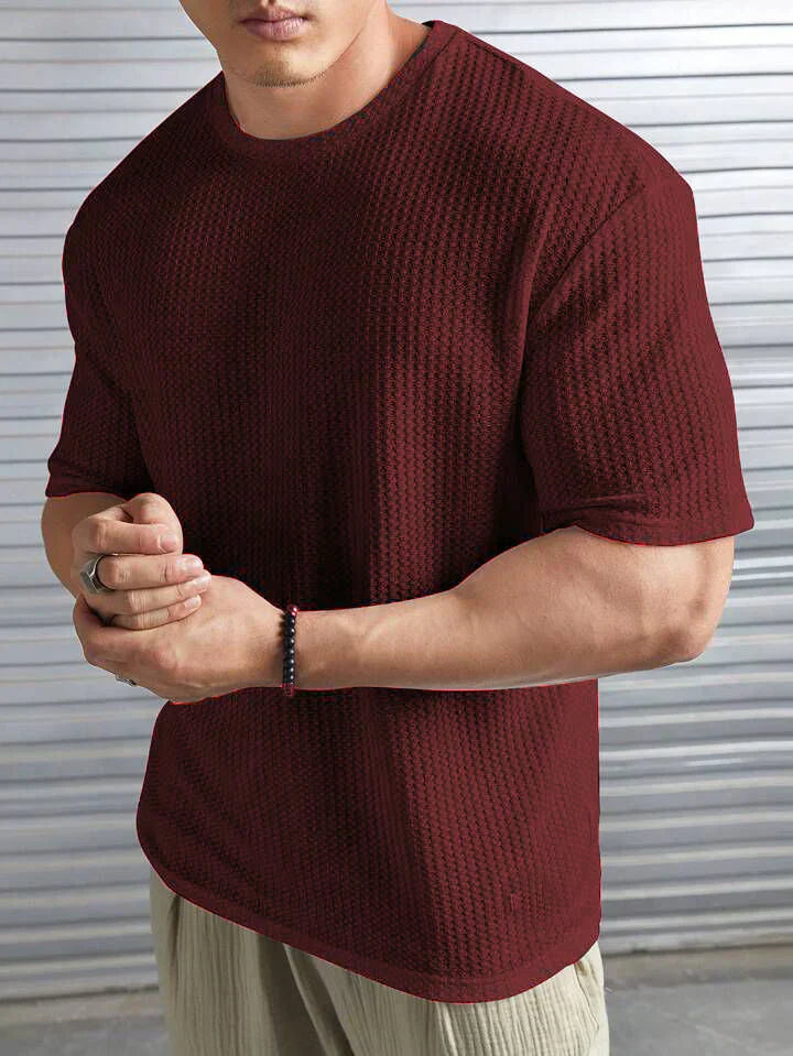 OVER-SIZED WAFFLE KNIT TEE FOR MEN - MAROON MEN Bloomstyle
