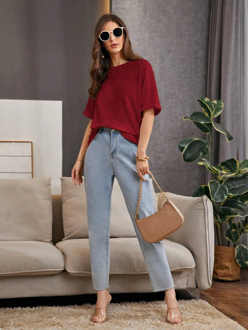 OVERSIZED WAFFLE KNITTED TEE - MAROON Women T-Shirts Bloomstyle