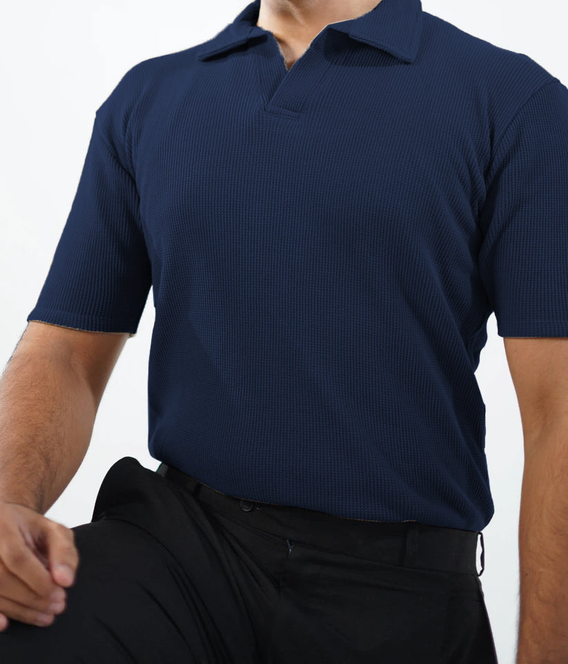 WAFFLE KNITTED POLO - NAVYBLUE MEN Bloomstyle