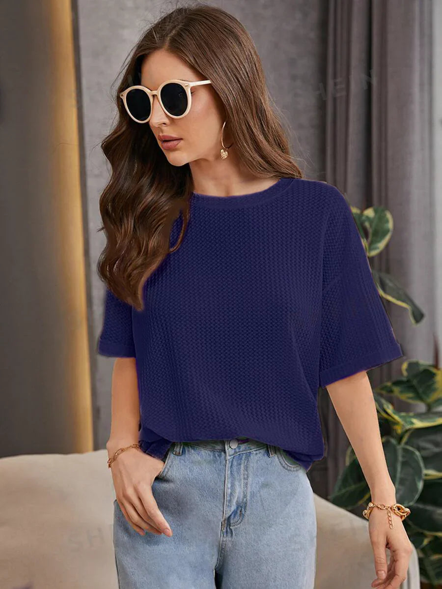 OVERSIZED WAFFLE KNITTED TEE - NAVYBLUE Women T-Shirts Bloomstyle