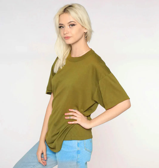 DROP SHOULDER T-SHIRT - OLIVE Women T-Shirts Bloomstyle