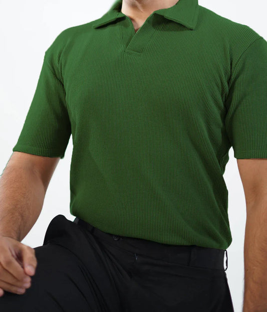WAFFLE KNITTED POLO - OLIVE MEN Bloomstyle