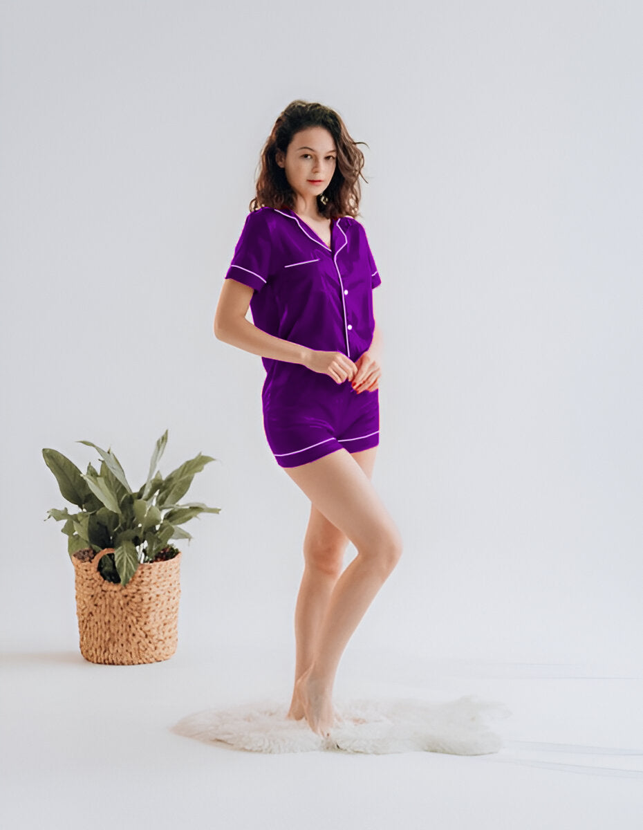 BUTTON DOWN SILK WITH SHORT - PURPLE Silk Button Down with Short Bloomstyle