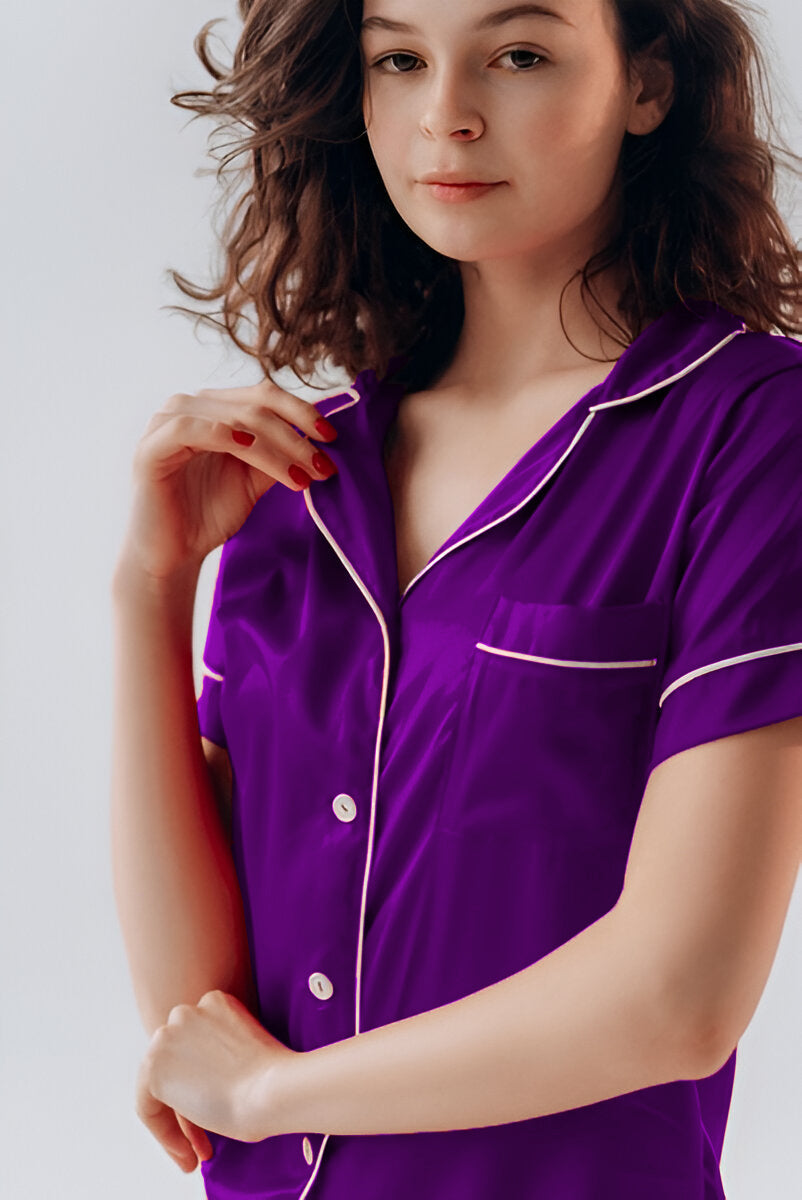 BUTTON DOWN SILK WITH SHORT - PURPLE Silk Button Down with Short Bloomstyle