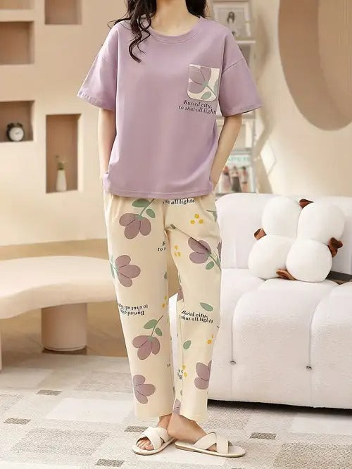 POCKET FLOWER NIGHT SUIT - LILAC Soft Cotton Bloomstyle