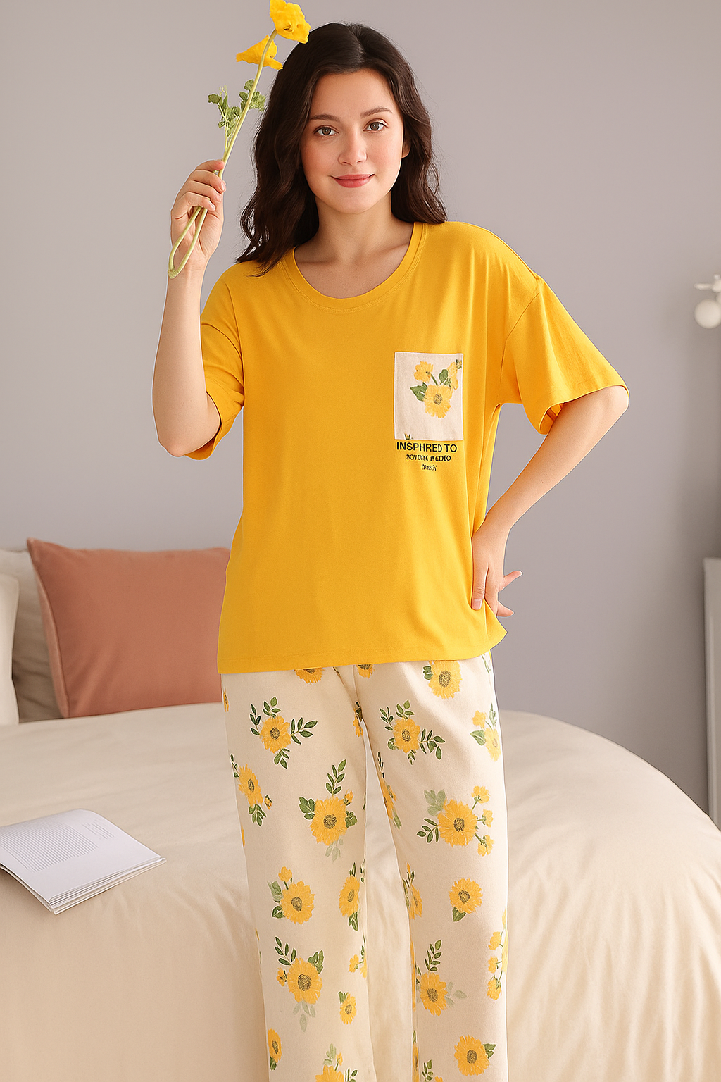 SR-POCKET PRINTED NIGHT SUIT - MUSTARD Soft Cotton Bloomstyle
