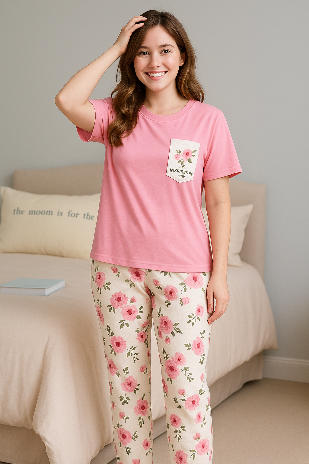 SR-POCKET PRINTED NIGHT SUIT - PINK Soft Cotton Bloomstyle