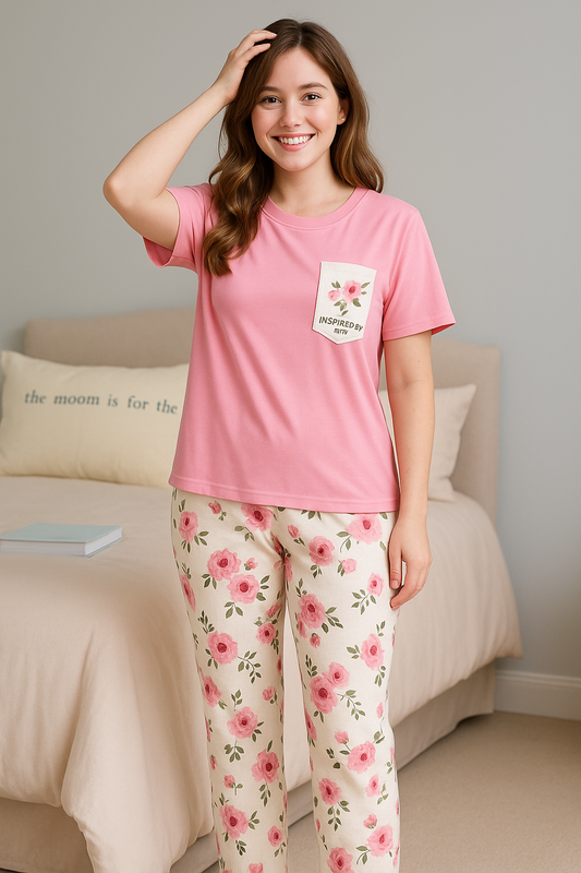 SR-POCKET PRINTED NIGHT SUIT - PINK Soft Cotton Bloomstyle