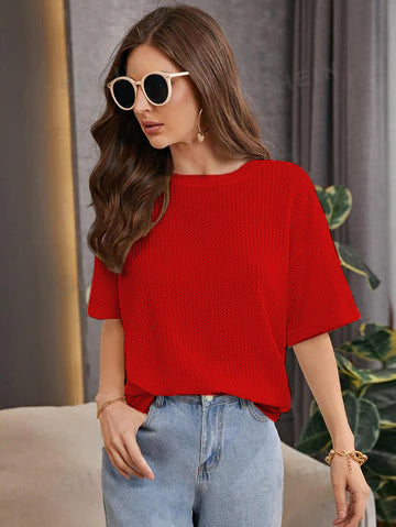 OVERSIZED WAFFLE KNITTED TEE - RED Women T-Shirts Bloomstyle