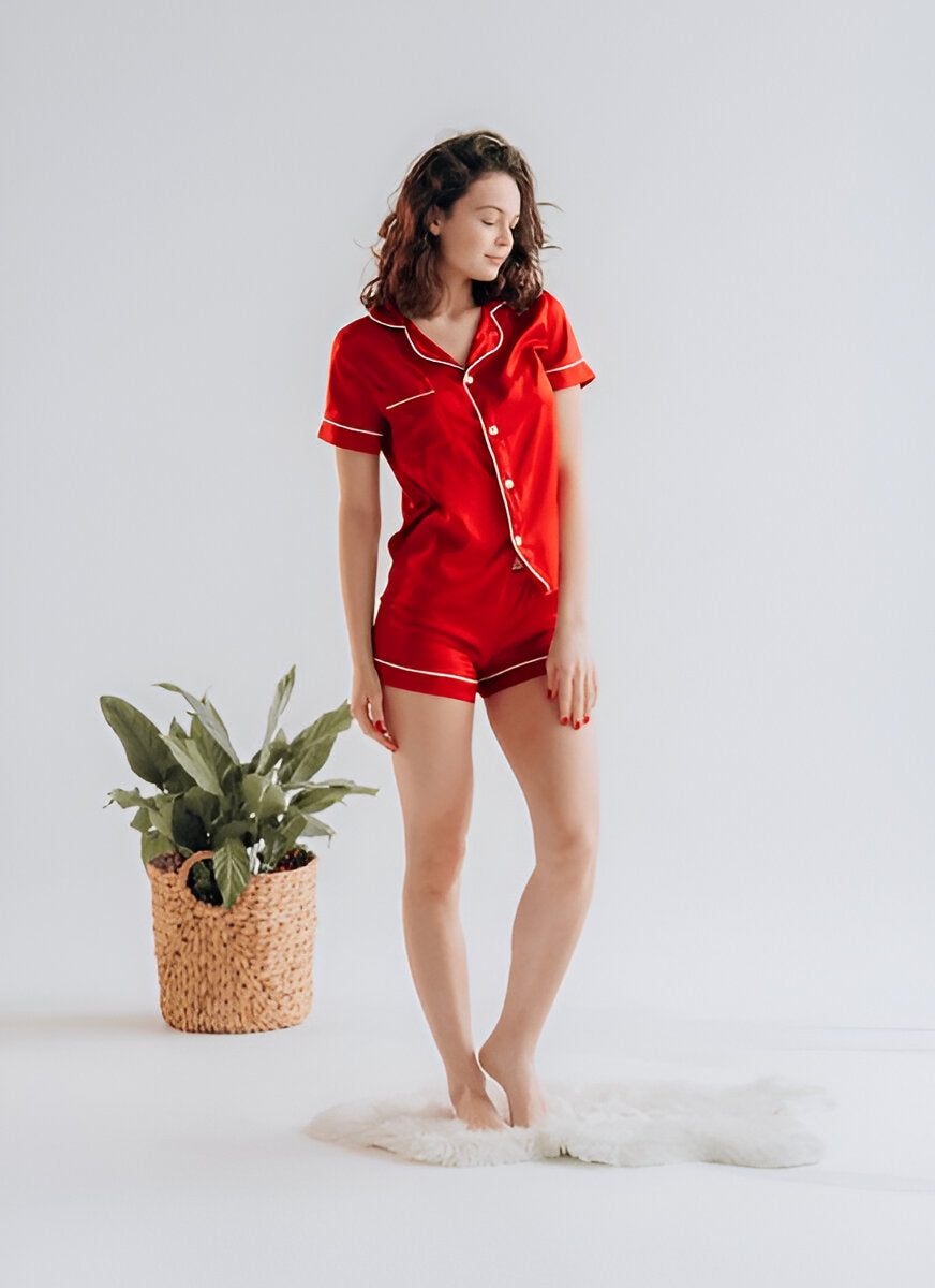 BUTTON DOWN SILK WITH SHORT - RED Silk Button Down with Short Bloomstyle