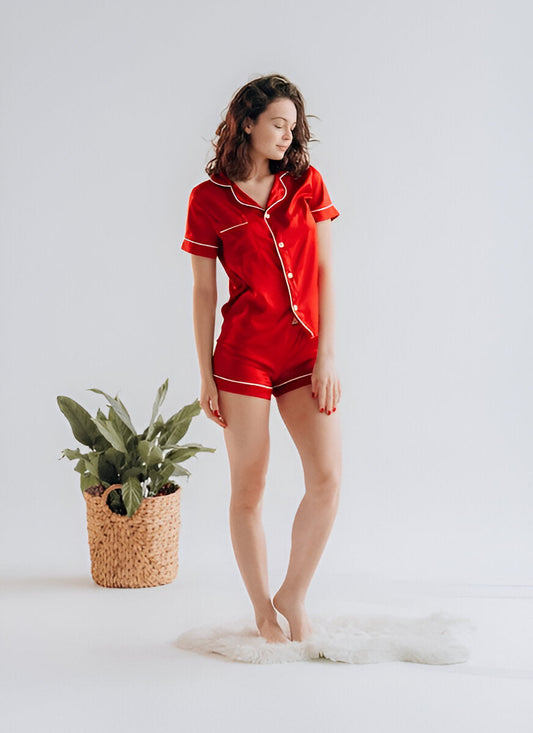BUTTON DOWN SILK WITH SHORT - RED Silk Button Down with Short Bloomstyle
