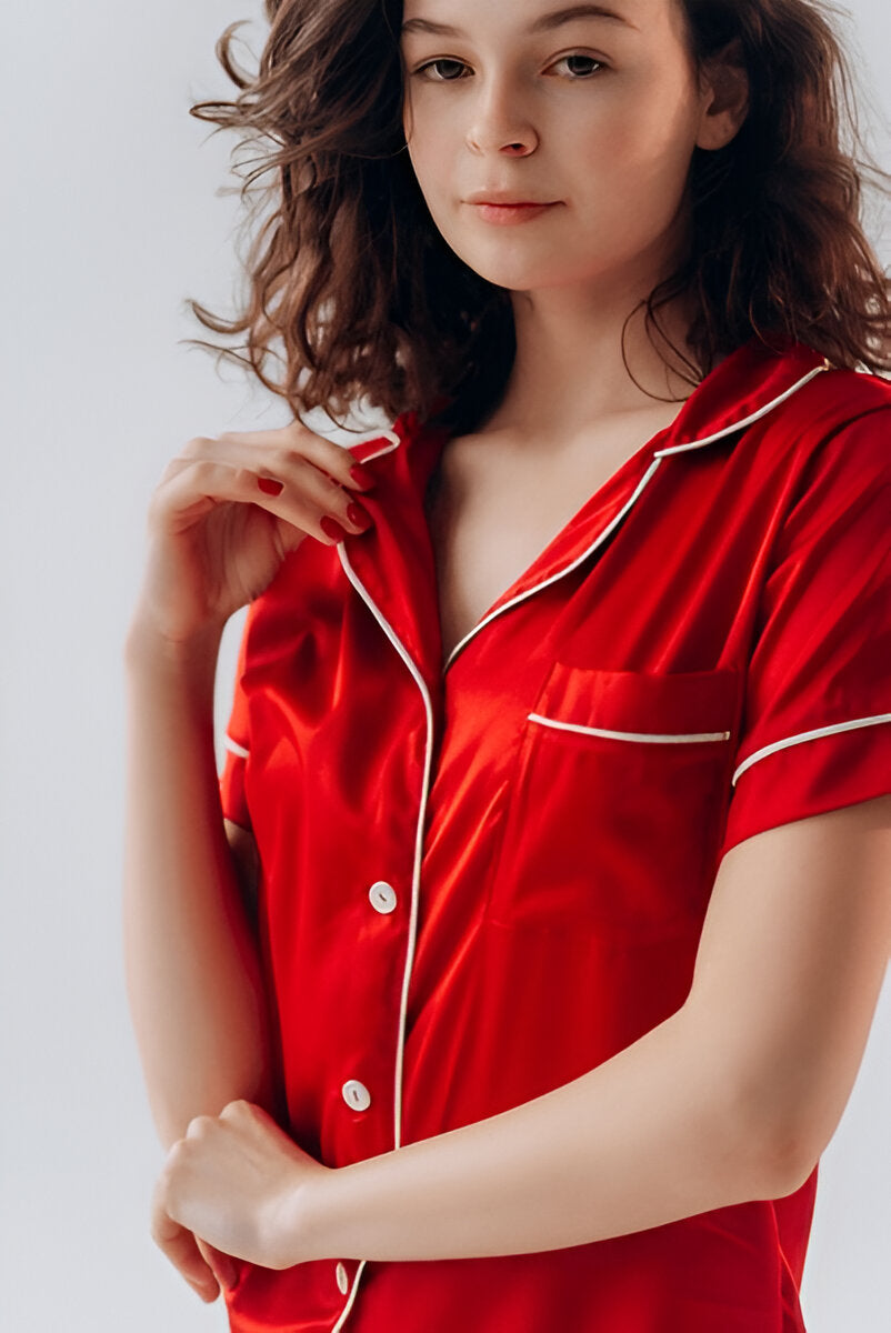 BUTTON DOWN SILK WITH SHORT - RED Silk Button Down with Short Bloomstyle