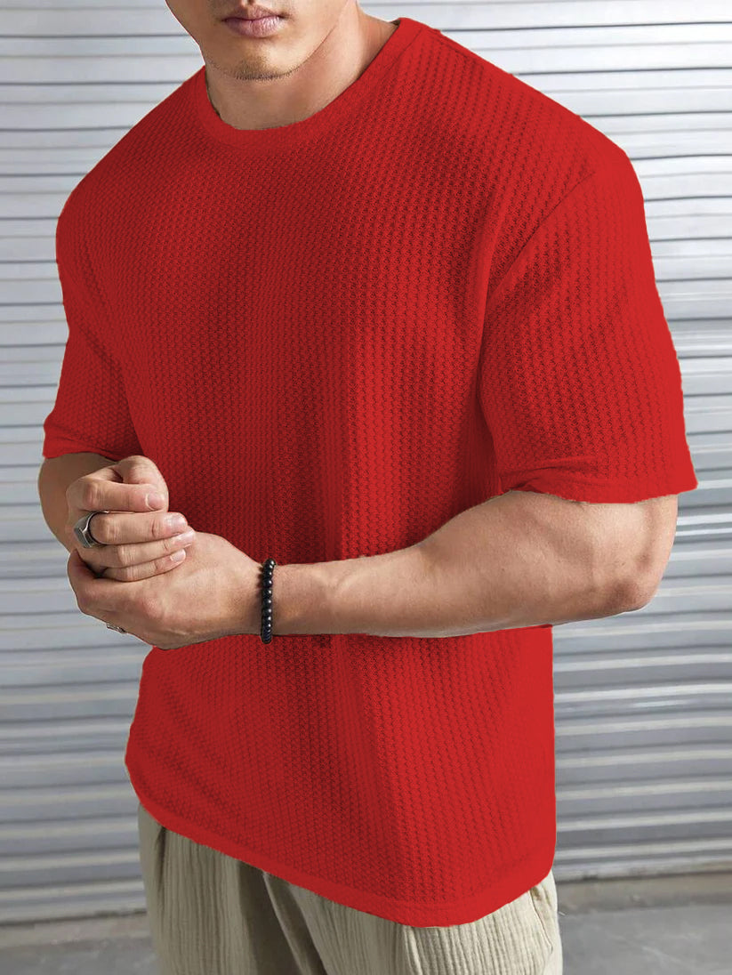 OVER-SIZED WAFFLE KNIT TEE FOR MEN - RED MEN Bloomstyle