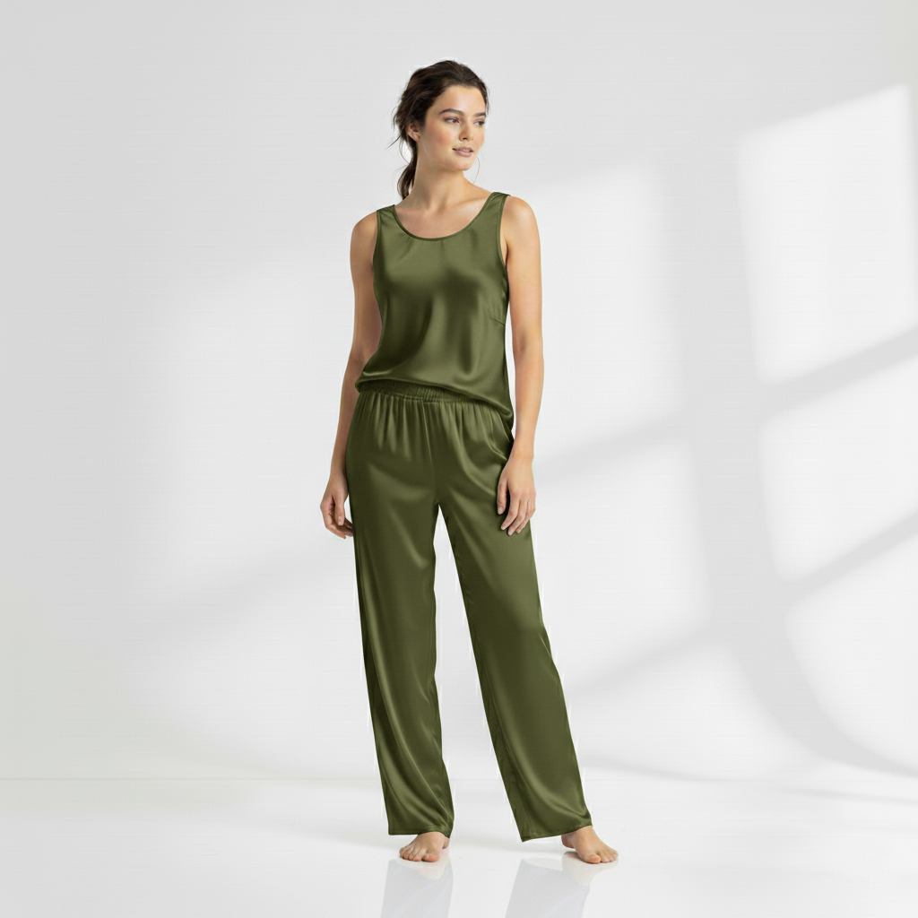 SILK TOP & PAJAMA SET - OLIVE Silk Top & Pajama Bloomstyle